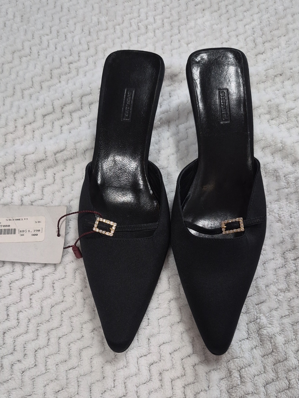 Stefanel Black Pointed Slip-On Mules with Crystal Buckle